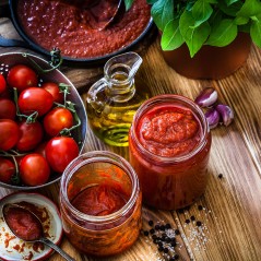 składniki na sos pomidorowy obok dwóch otwartych słoików sosu pomidorowego